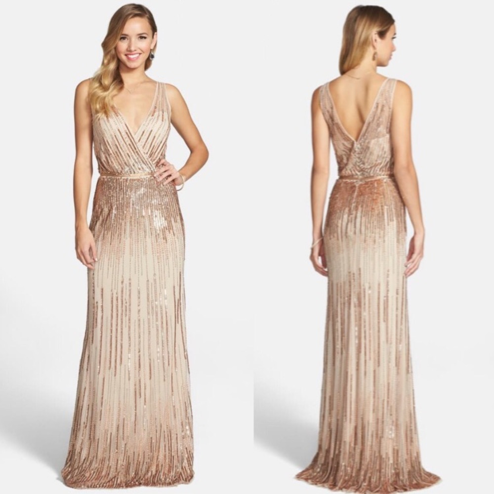 Adrianna Papell rose gold sleeveless beaded long gown - Picture 3 of 9